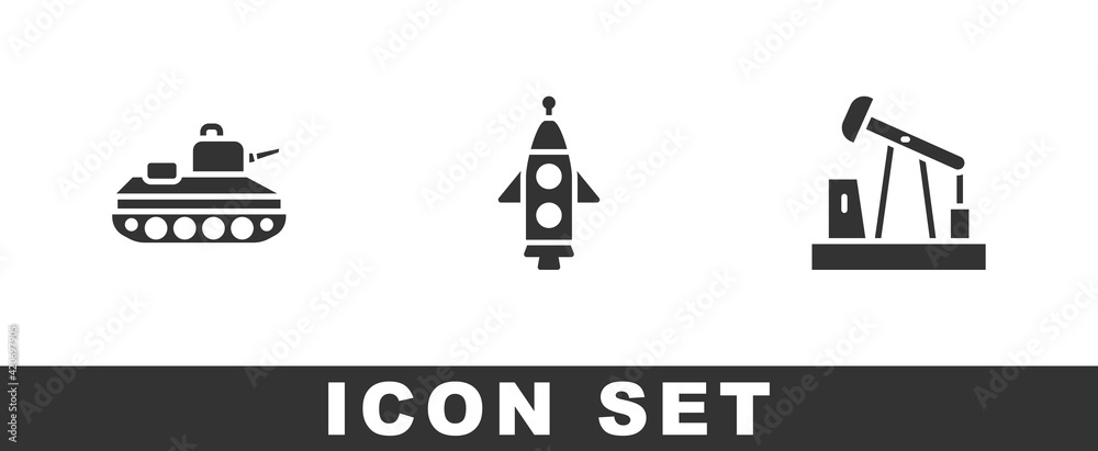 Set Military tank, Rocket ship and Oil pump or pump jack icon. Vector Set Military tank, Rocket ship and Oil pump or pump jack icon. Vector