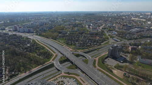 Beautiful aerial presentation of the autonomous cars self-driving concept on multi-level highway in Minsk