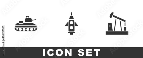 Set Military tank, Rocket ship and Oil pump or pump jack icon. Vector