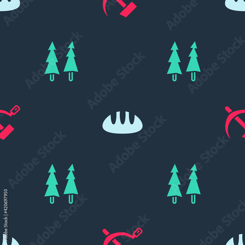 Set Hammer and sickle USSR, Bread loaf and Christmas tree on seamless pattern. Vector