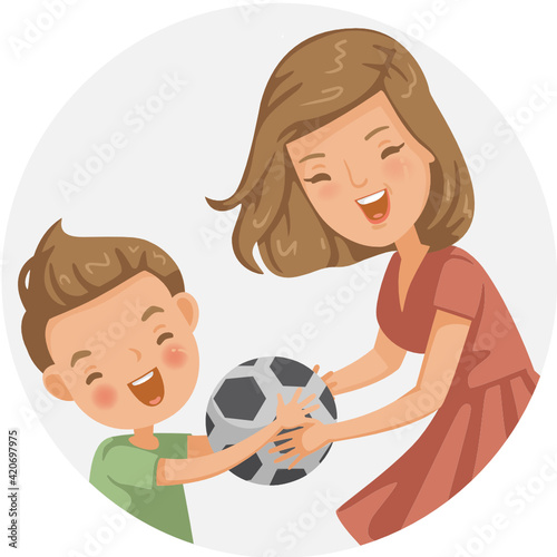 Mother and son. Mom with his little cute son are having fun playing football. Cute cartoon couple fun. Mother's Day, Children's Day, 