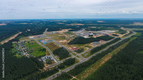 Industrial park Great Stone in Minsk from drone. Chine town in Belarus