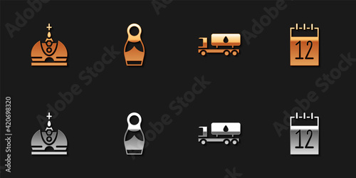 Set King crown, Russian doll matryoshka, Tanker truck and Calendar 12 june icon. Vector
