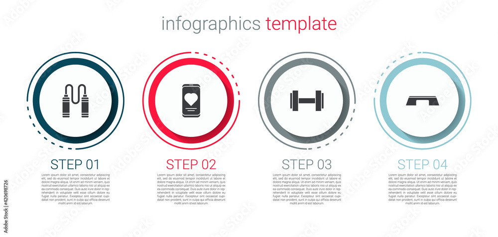 Set Jump rope, Mobile with heart rate, Dumbbell and Step platform. Business infographic template. Vector Set Jump rope, Mobile with heart rate, Dumbbell and Step platform. Business infographic template. Vector