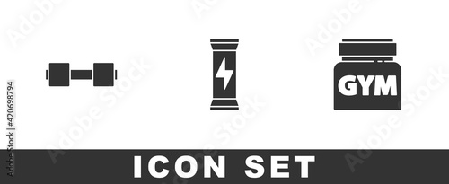 Set Dumbbell, Sports nutrition and icon. Vector