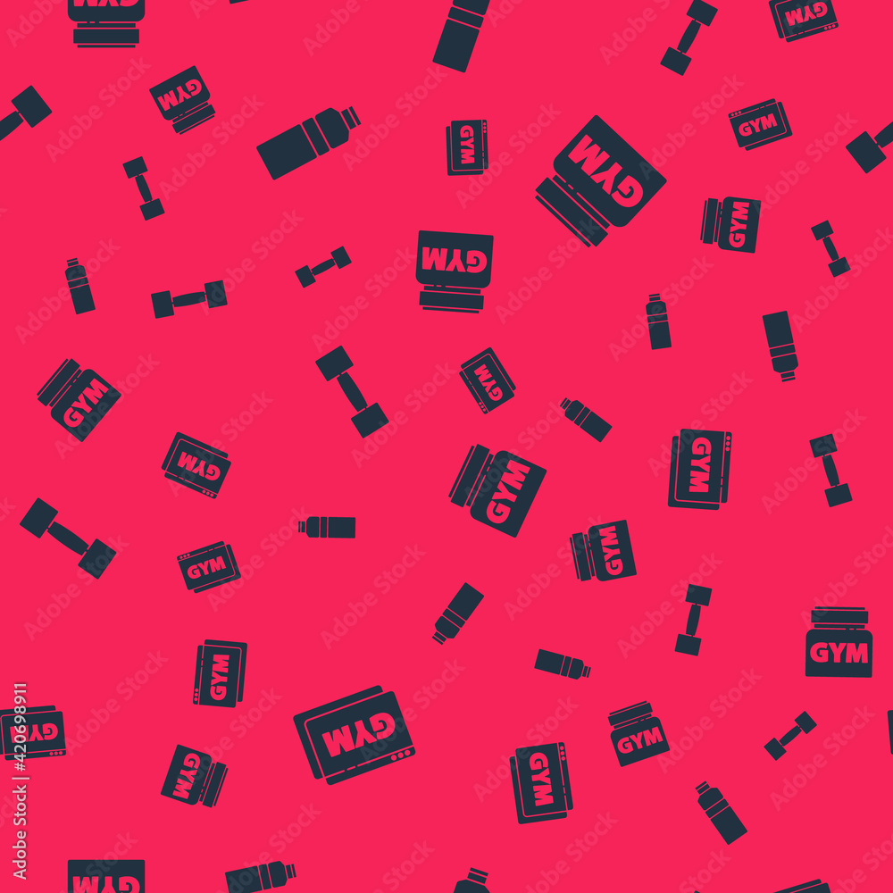 Set Online fitness and training, Fitness shaker, Dumbbell and Sports nutrition on seamless pattern. Vector Set Online fitness and training, Fitness shaker, Dumbbell and Sports nutrition on seamless pattern. Vector