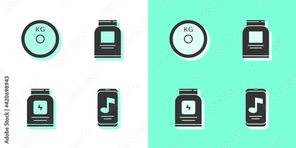 Set Music player, Weight plate, Sports nutrition and icon. Vector