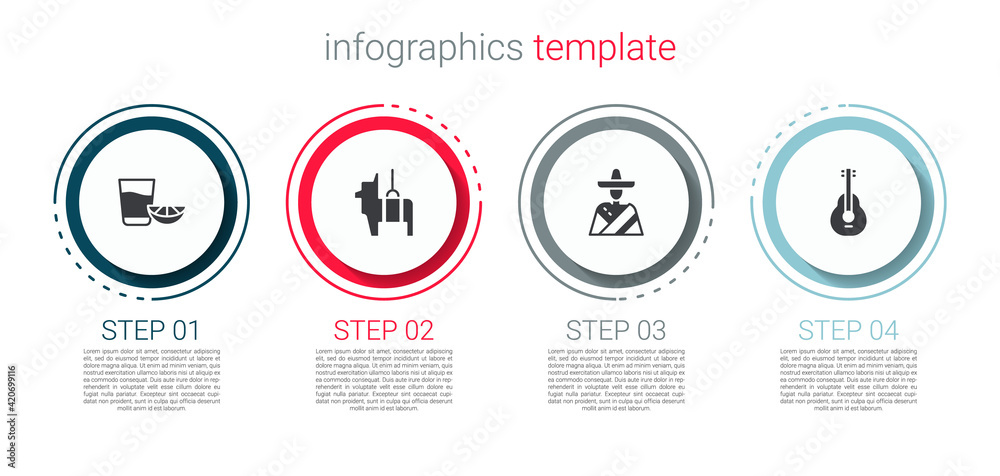 Set Tequila glass with lemon, Pinata, Mexican man sombrero and guitar. Business infographic template. Vector