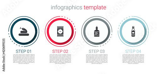 Set Snake, Mexican carpet, Tequila bottle and Tabasco sauce. Business infographic template. Vector