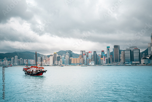 Cityscape Hong Kong and Junkboat  photo