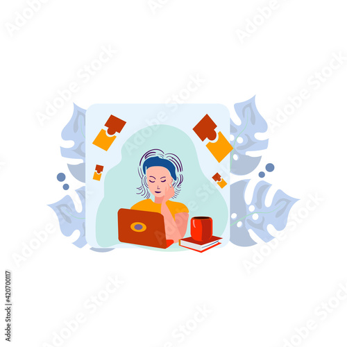 Concept of on-line video chat app, internet talk, call technology. Video player window with speaking woman and messages. Vector illustration. study