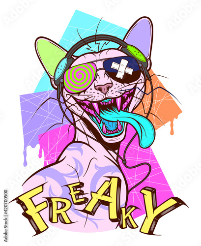 Freaky illustration with crazy cat. Illustration for t-shirt or any other print with lettering and crazy colored cat. 