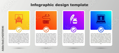 Set Glass showcase for exhibit, Museum audio guide, Feather and inkwell and Online museum. Business infographic template. Vector