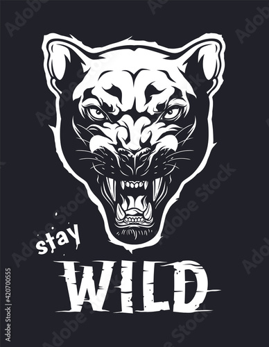 Stay wild panther illustration. Stay wild illustration for t-shirt or any other print with lettering and panther head. 