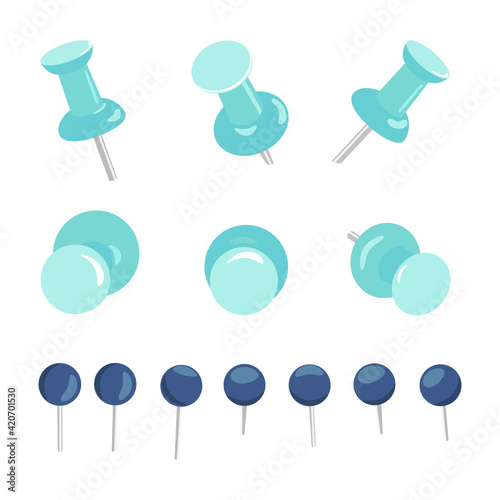 Set of push pins and thumbtacks on white background. Office push pins signs. Stationery products. Needles and tacks. Vector illustration.