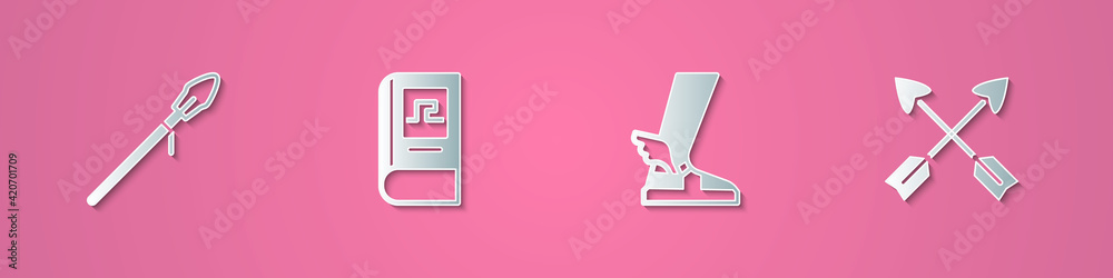 Set paper cut Medieval spear, Greek history book, Hermes sandal and Crossed arrows icon. Paper art style. Vector Set paper cut Medieval spear, Greek history book, Hermes sandal and Crossed arrows icon. Paper art style. Vector