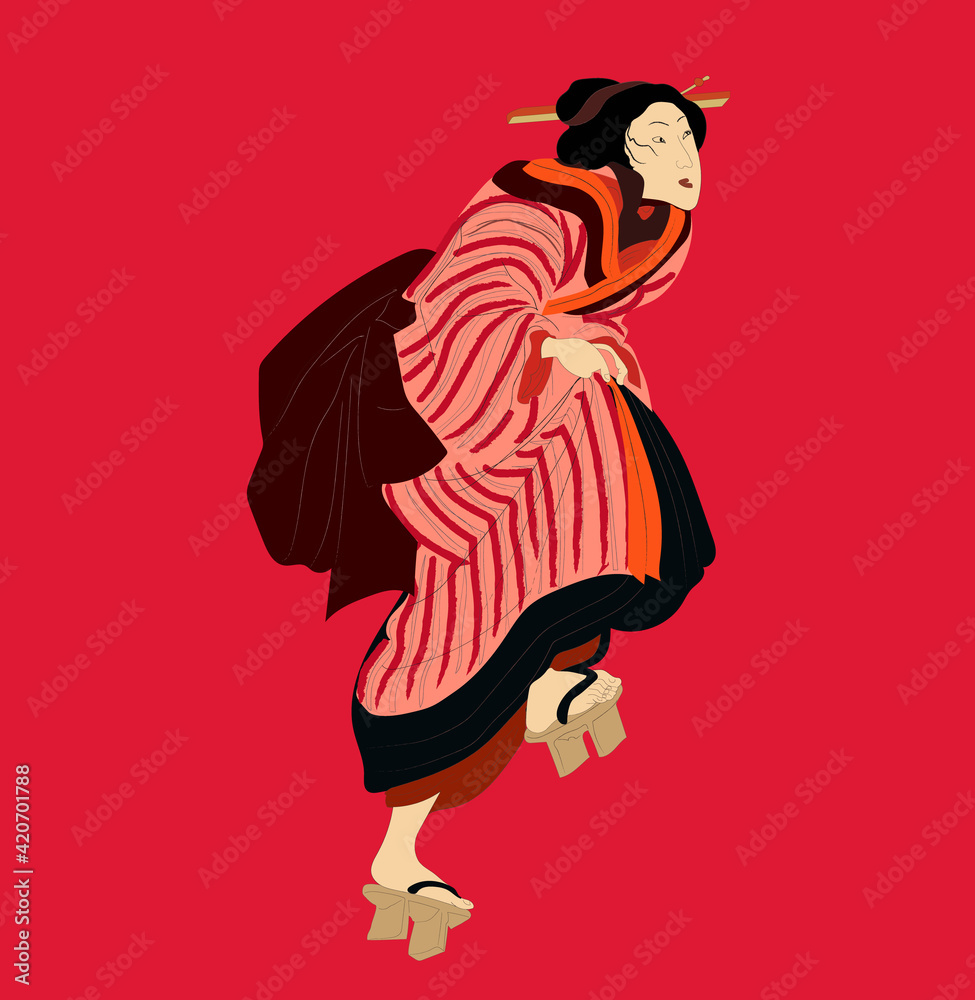 Ukiyo-e beauty woman, japanese geisha in kimono vector illustration. Japan art of asian girl, cute woman fashion. Japanese style dress of edo period.