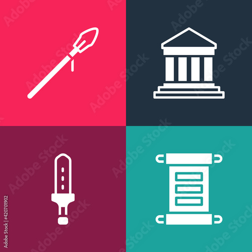 Set pop art Decree, parchment, scroll, Medieval sword, Parthenon and spear icon. Vector