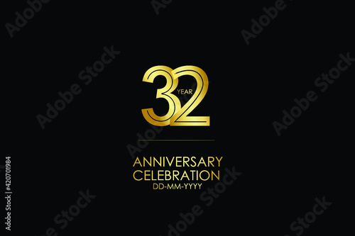 32 year anniversary celebration Gold Line. logotype isolated on Black background for celebration, invitation card, and greeting card-Vector