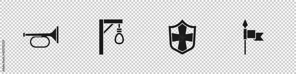 Set Trumpet, Gallows, Shield and Medieval spear icon. Vector Set Trumpet, Gallows, Shield and Medieval spear icon. Vector