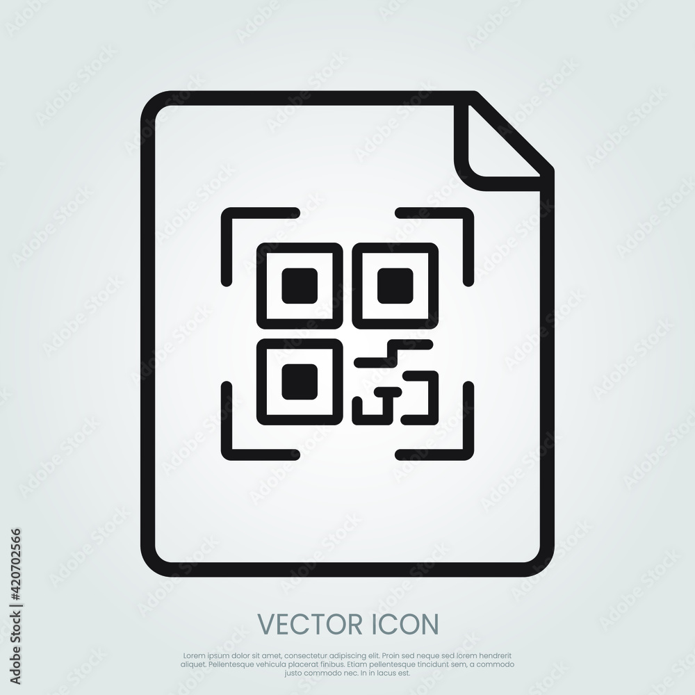 Scan document online. QR code symbol placed at the center of paper page. Simple design. Line vector. Eps10 vector illustration. Scan document online. QR code symbol placed at the center of paper page. Simple design. Line vector. Eps10 vector illustration.