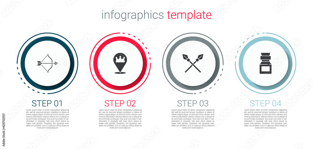 Set Medieval bow and arrow, Location king crown, Crossed medieval spears and Poison bottle. Business infographic template. Vector Set Medieval bow and arrow, Location king crown, Crossed medieval spears and Poison bottle. Business infographic template. Vector