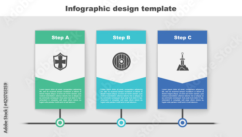 Set Shield, Round wooden shield and Sword in the stone. Business infographic template. Vector