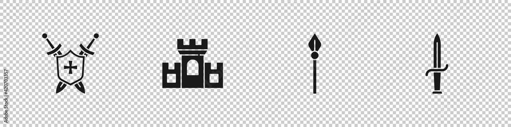 Set Medieval shield with swords, Castle, fortress, spear and Dagger icon. Vector Set Medieval shield with swords, Castle, fortress, spear and Dagger icon. Vector