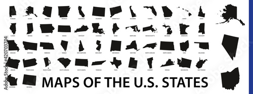 Collection of outline shape of US states map in black.