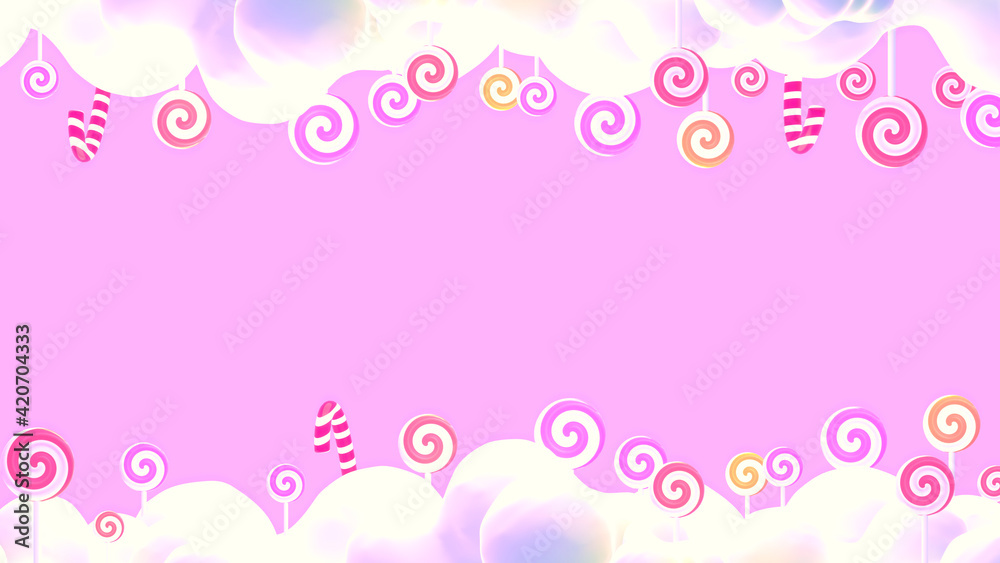 Cartoon sweet pink lollipop candy world. 3d rendering picture.