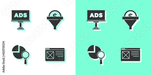 Set Browser window, Advertising, Magnifying glass and analysis and Lead management icon. Vector