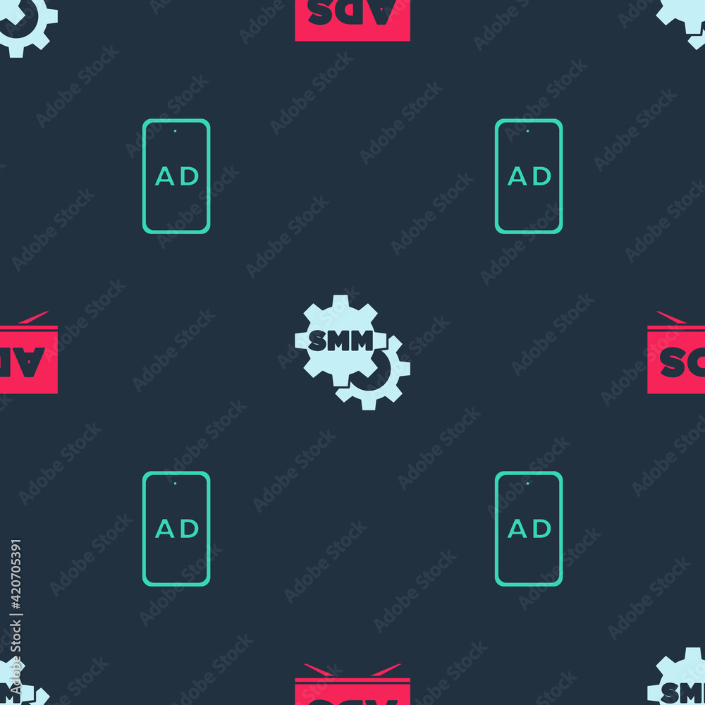 Set Advertising, Social media marketing and on seamless pattern. Vector