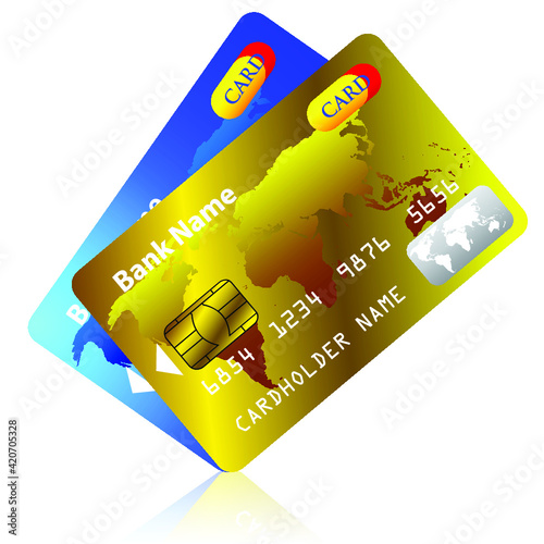 Two credit cards. Blue and yellow credit cards on white
