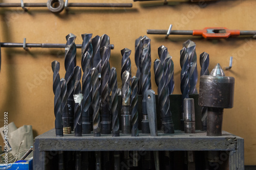 Drill bits on a workbench