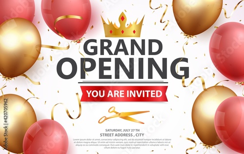 Grand opening card design with gold and red ribbon with confetti