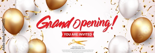 Grand opening card design with gold and red ribbon with confetti
