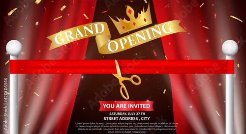 Grand opening card design with gold and red ribbon with confetti