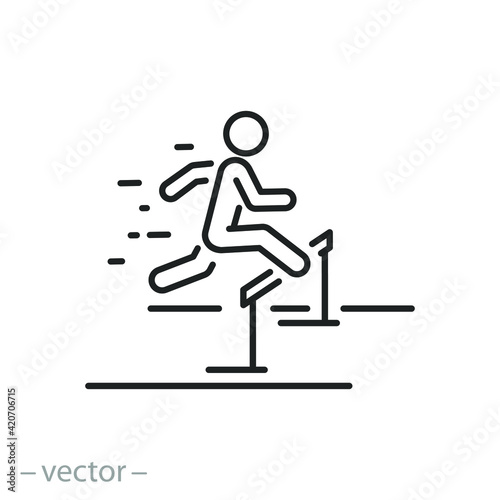 hurdle jump icon, athlete jumping over barrier, runner with obstacle, hurdler challenge skill, motivation way concept, thin line symbol on white background - editable stroke vector eps10