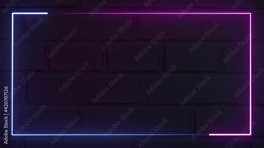 Abstract seamless looped animation of neon glowing frame on brick wall background