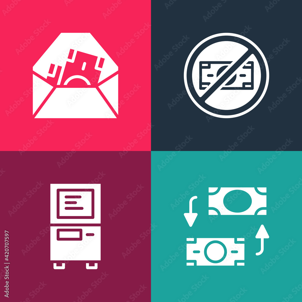 Set pop art Money exchange, ATM, No money and Envelope with dollar symbol icon. Vector