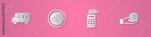 Set paper cut Armored truck, Gold bars, Cash register machine and Hand giving money icon. Paper art style. Vector