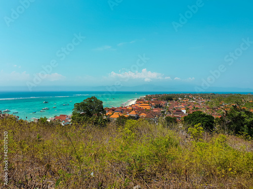 Amazing view of the beautiful Nusa Lambongan Island of bali from the top of a hill. Great top view of Nusa Lambongan Island.