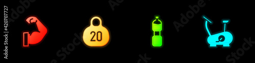 Set Bodybuilder muscle, Kettlebell, Bottle of water and Stationary bicycle icon. Vector