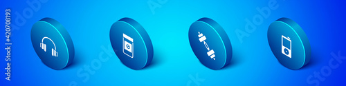 Set Isometric Headphones, Dumbbell, Music player and Anabolic drugs icon. Vector