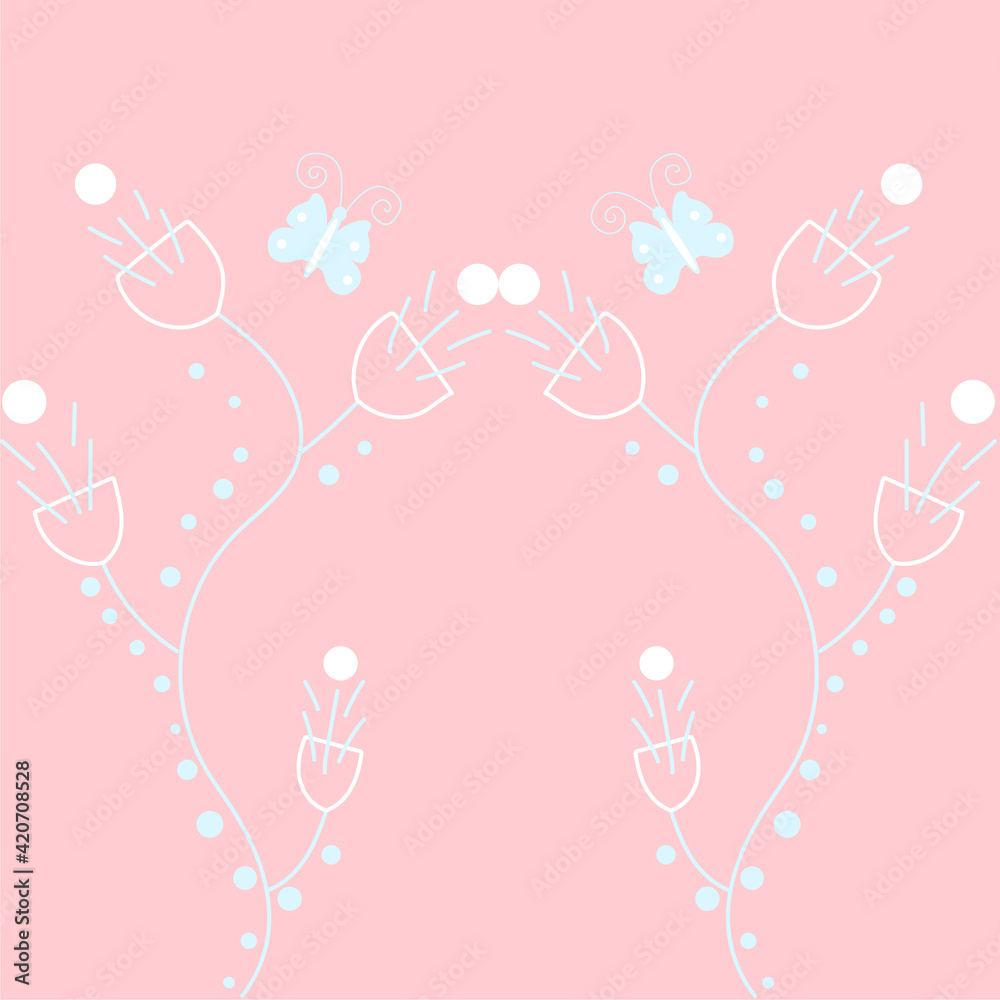Seamless floral pattern in white, blue and pink color with unusual flowers and butterflies Seamless floral pattern in white, blue and pink color with unusual flowers and butterflies