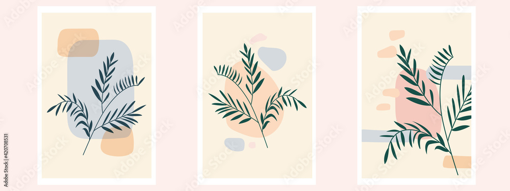 Botanical Wall Art Vector Poster Set. Minimalist Modern Foliage with Abstract Simple Shape.