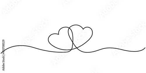 Two Hearts Continuous Line Drawing. Hearts Couple Trendy Minimalist Illustration. One Line Abstract Drawing. Love Minimalist Contour Art. Vector EPS 10.