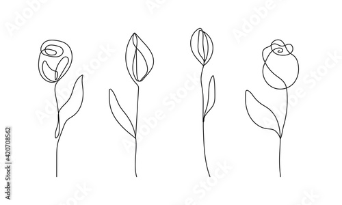 Continuous Line Drawing Set Of Flowers Black Sketch Isolated on White Background. Simple Flowers One Line Illustration Set. Minimalist Botanical Drawing. Vector EPS 10.