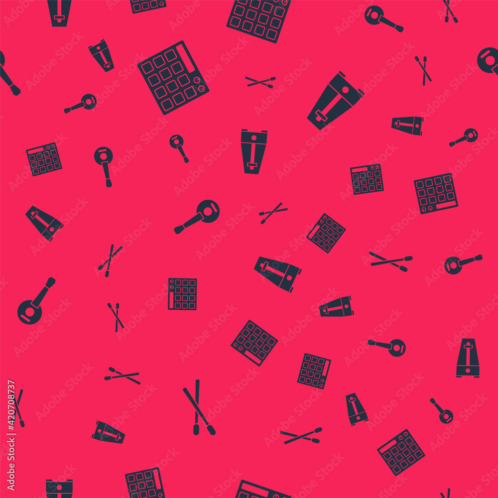 Set Drum sticks, machine, Banjo and Metronome with pendulum on seamless pattern. Vector Set Drum sticks, machine, Banjo and Metronome with pendulum on seamless pattern. Vector