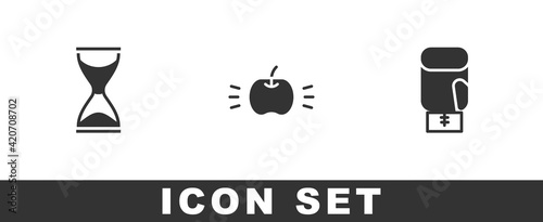 Set Old hourglass, Apple and Boxing glove icon. Vector